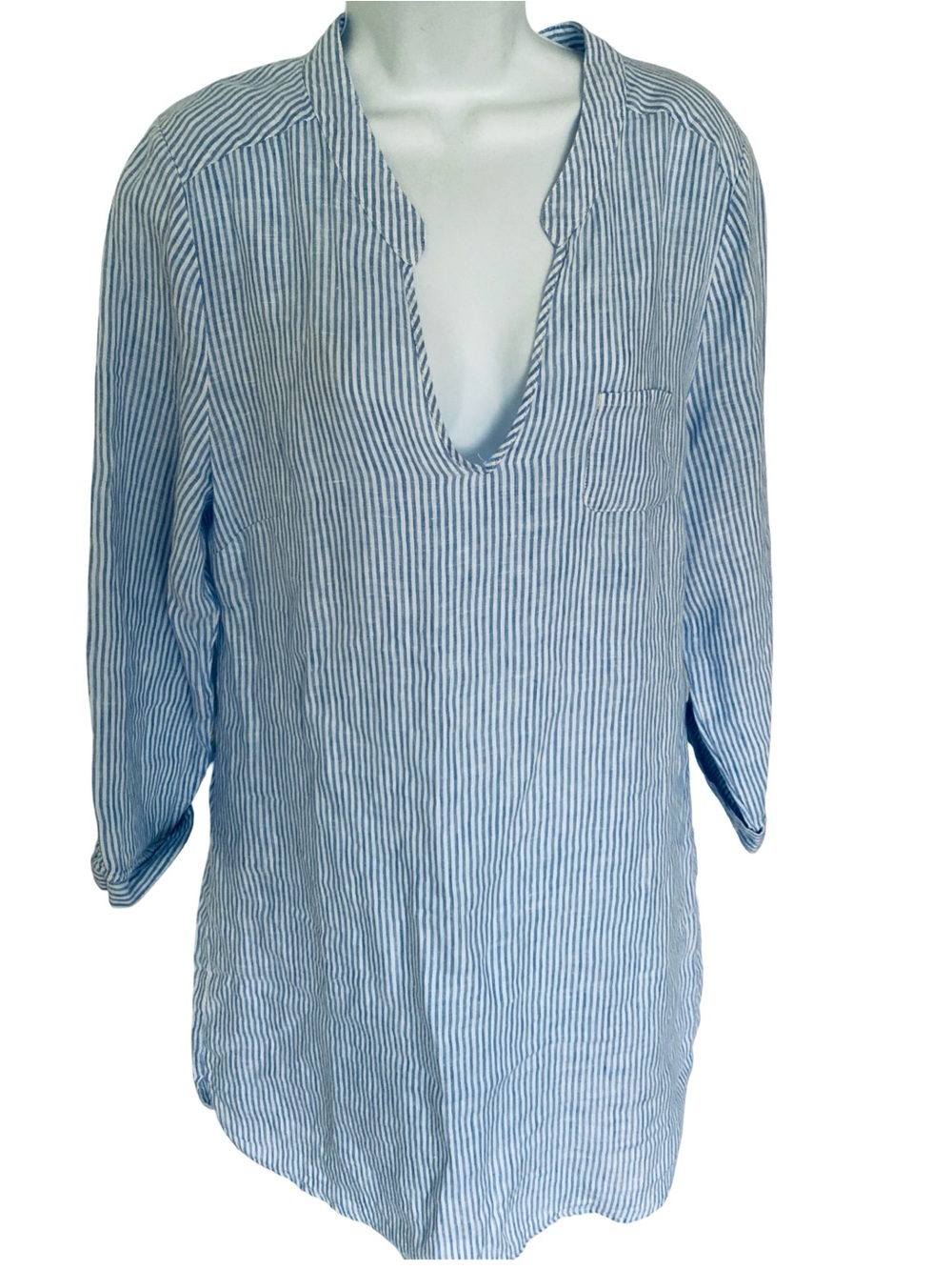 HiHo Tortuga Linen Blue Striped V-Neck Tunic Dress - Women